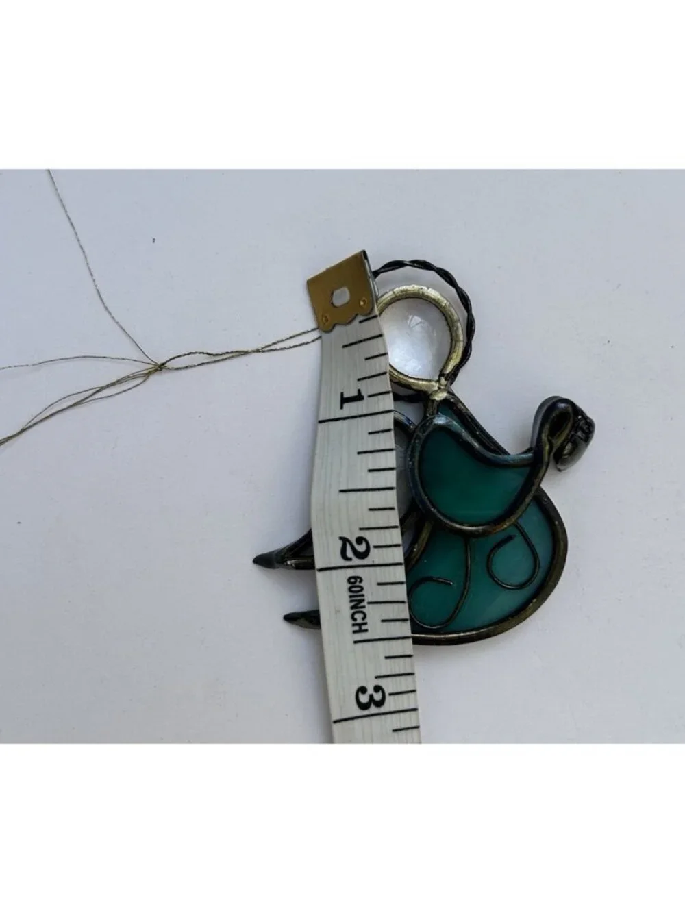 Vintage Stained Glass Angel Ornament Suncatcher Green w/ Hanging Heart 2.75